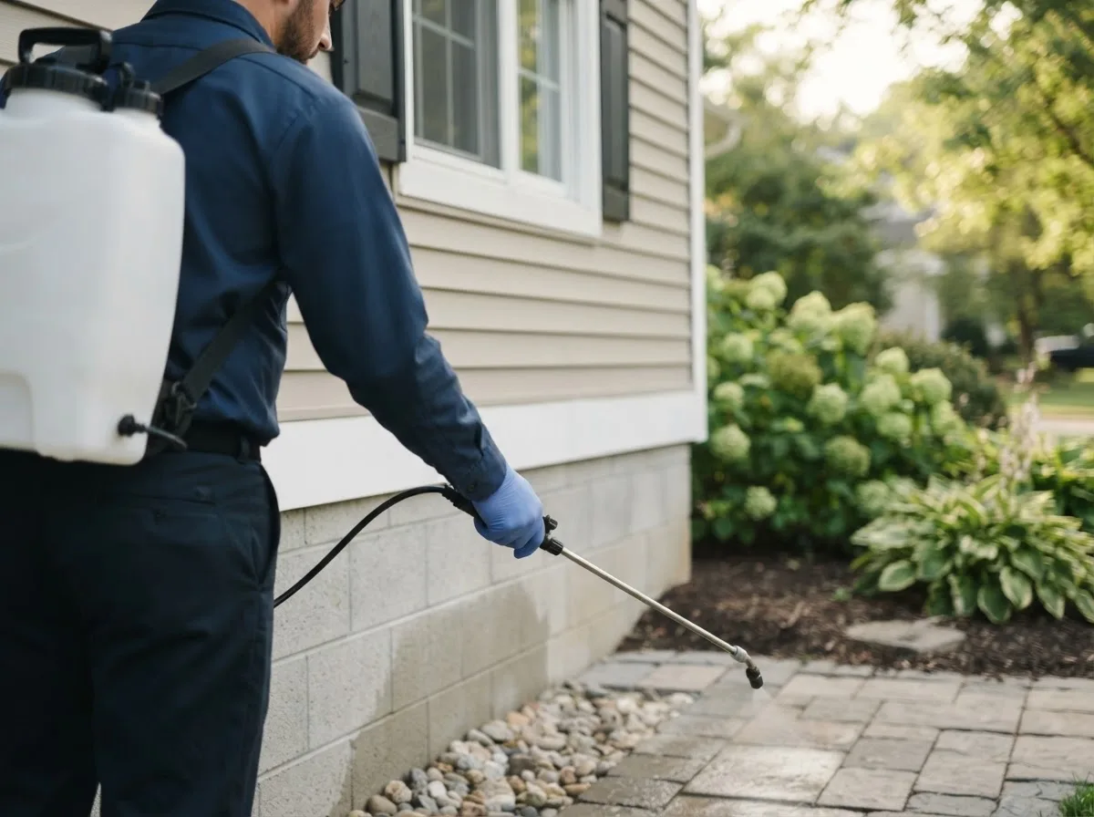 Pest control technician inspecting a home in Island Falls, ME